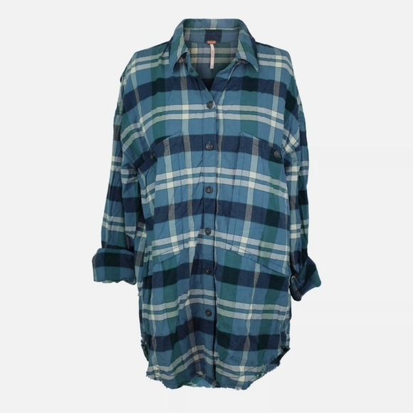 Free People Tops - Free People Winter Sea blue long Plaid button down